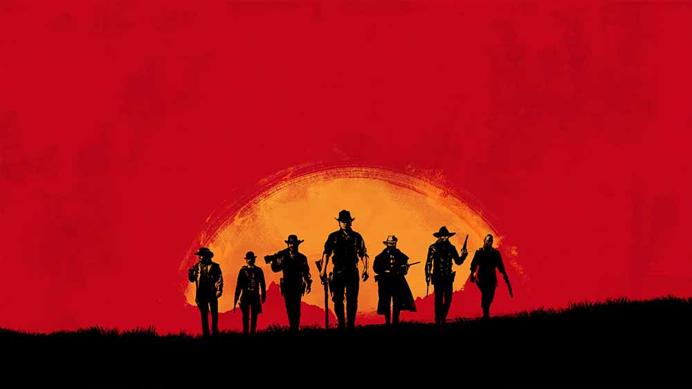 Artwork for Red Dead Redemption 2 (RDR2), a red background with a sunset and black cowboy silhouettes